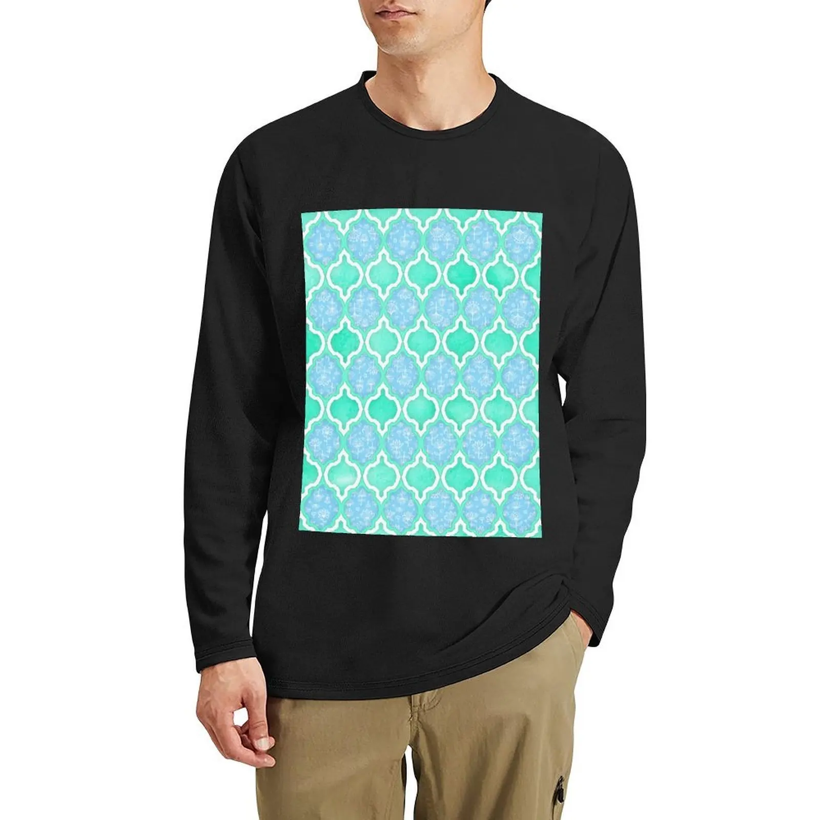 

Moroccan Aqua Doodle pattern in mint green, blue & white Long T-Shirt man clothes black t shirt mens big and tall t shirts