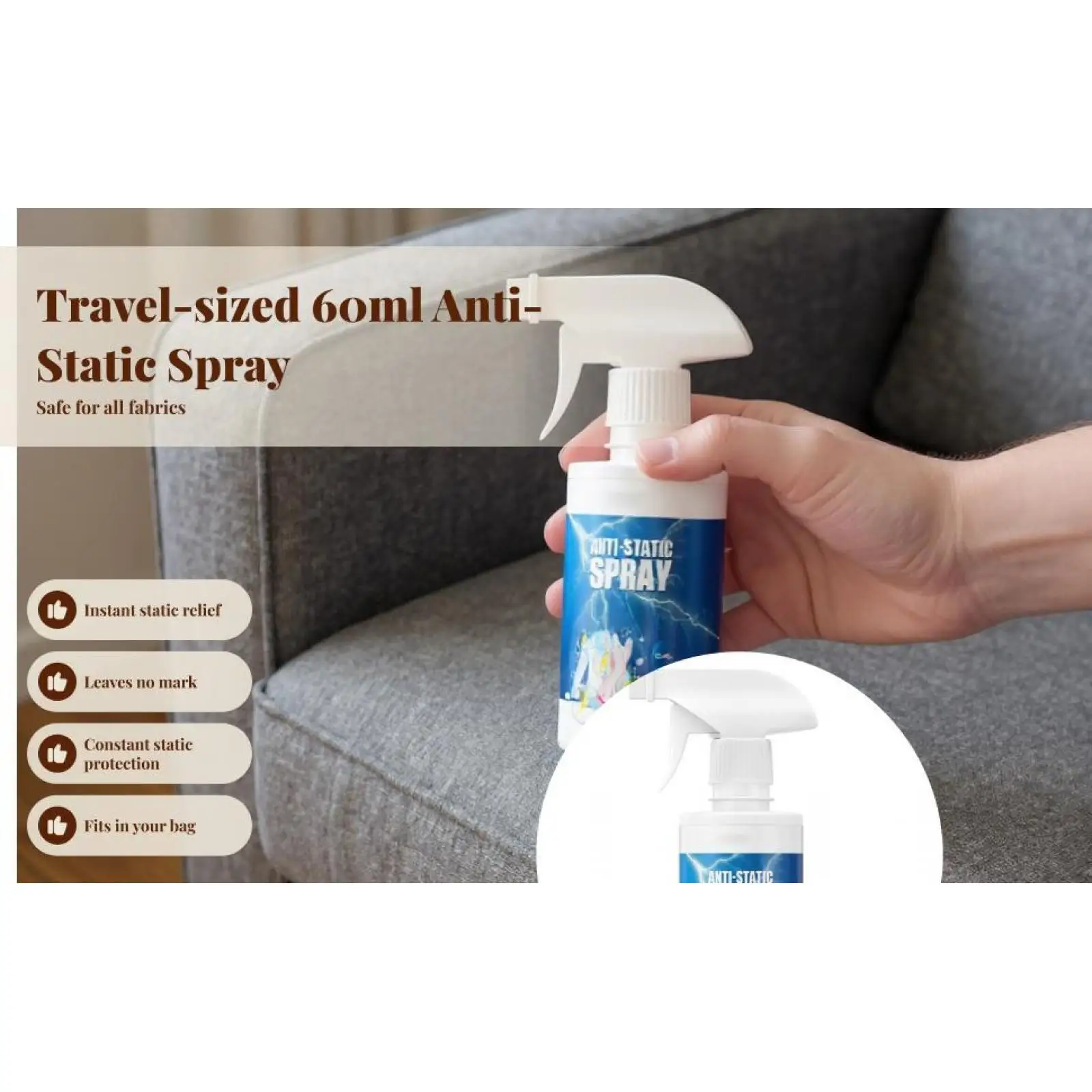 Anti Static Spray for Fabric Eliminate Static Shock Wrinkle Release for Travel Clothes Quilts 60ml Bottle