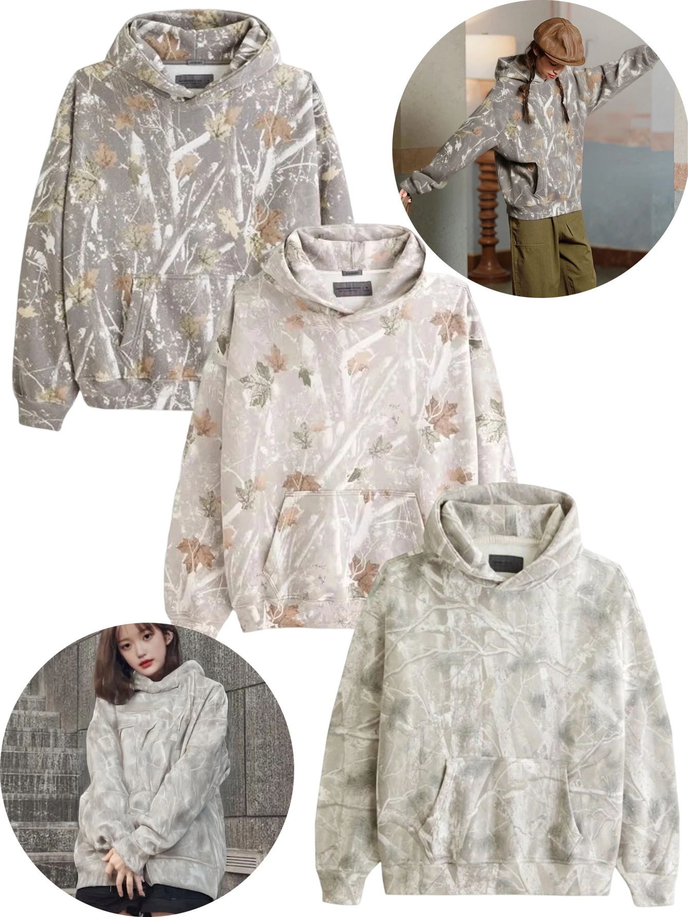 Camo Hoodie for Women Oversized Maple Leaf Hooded Sweatshirt Graphic Print Pullover Hoodies with Pocket