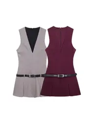 Sleeveless Pleated Mini Dress with Belt for Women, V Neck, Back Zipper,Female Dresses, Chic Fashion