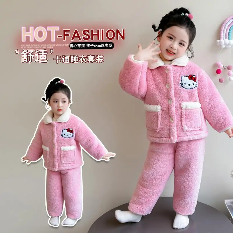 

Sanrio Hello Kitty Winter Fluffy Pajamas Set Coral Fleece Fabric For Girls And Baby Kids Home Outdoor Wear Cute Thickened Warm