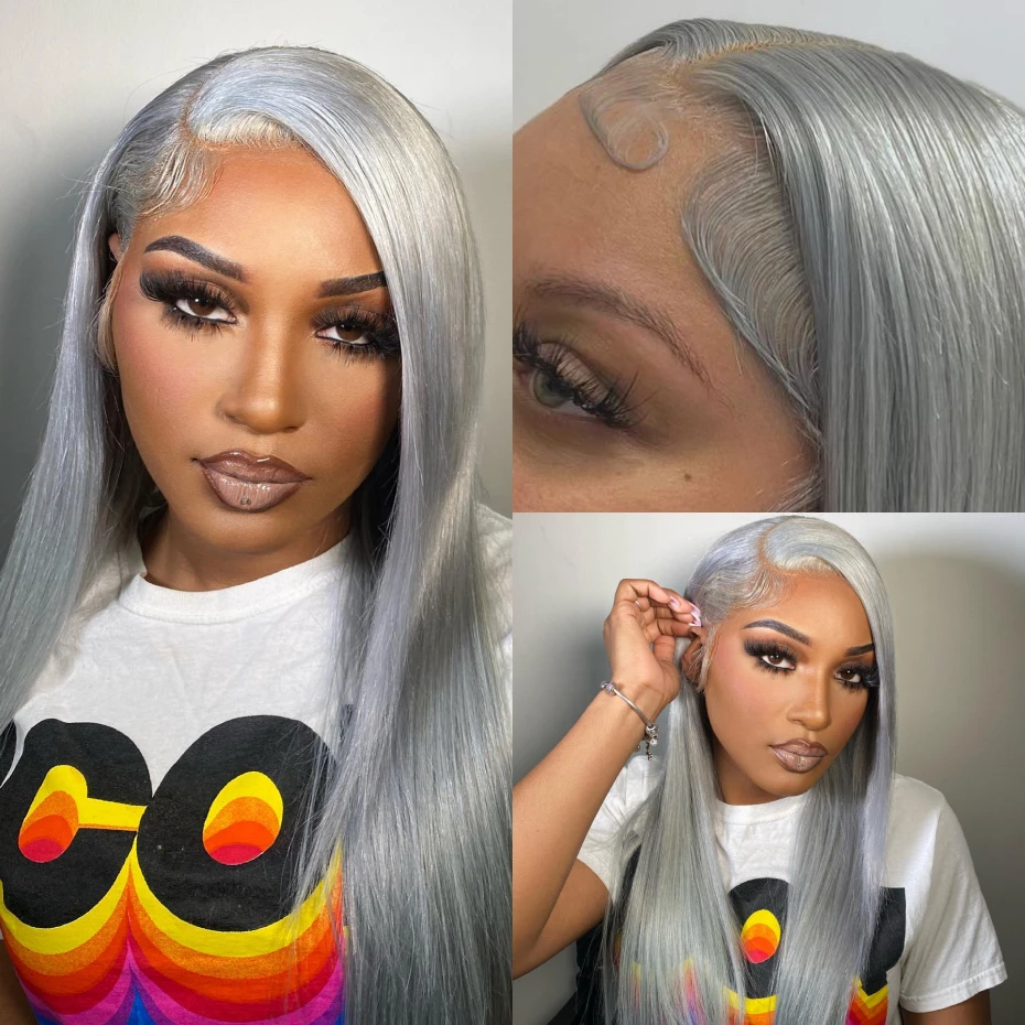 

Straight Silver Grey Wig Human Hair Lace Front Wig 30 40 Inches 13x6 Lace Frontal Wig Brazilian Ash Gray Colored Human Hair Wigs