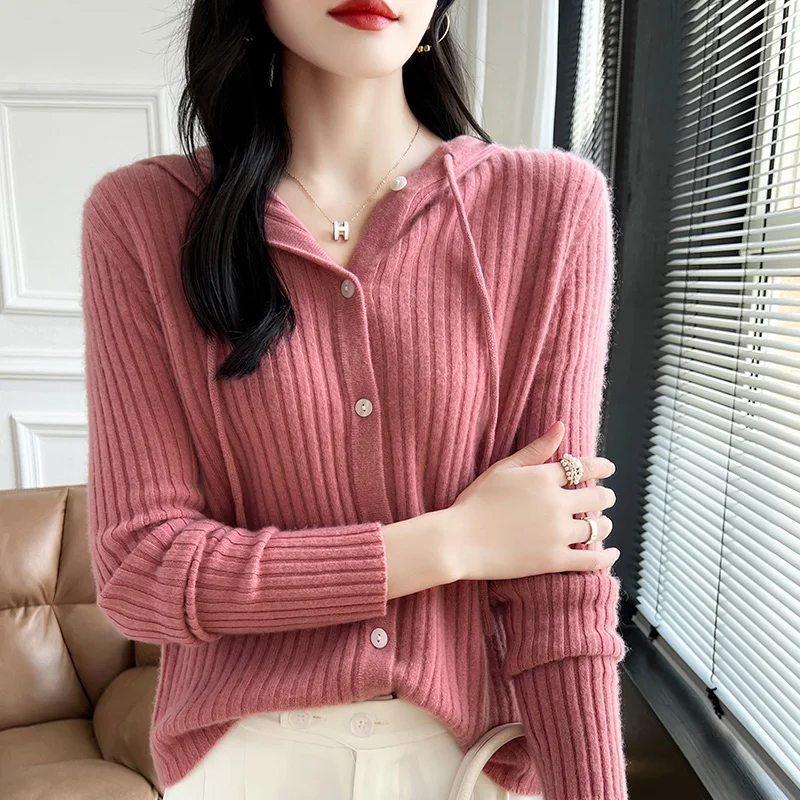 2024 Autumn and Winter New Hooded 100% Pure Wool Cardigan Women\'s Knitted Hooded Sweater Pit Strip Loose Long Sleeve Casual Coat