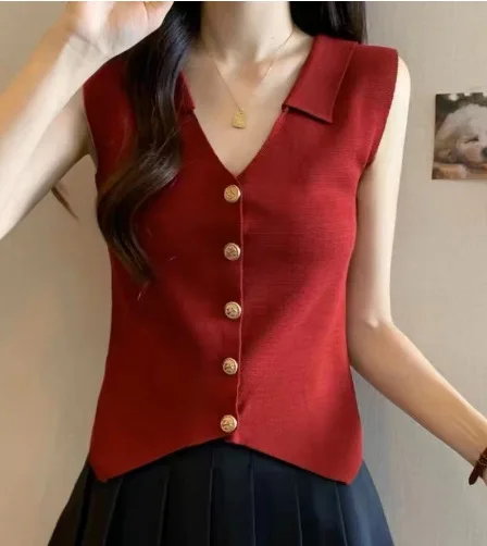 Damen Sommer-Stricktop mit Stehkragen, Ärmellos, Schmal Geschnittenes Graues Tanktop, Koreanischer Stil Layering Freizeithemd – Detail 2