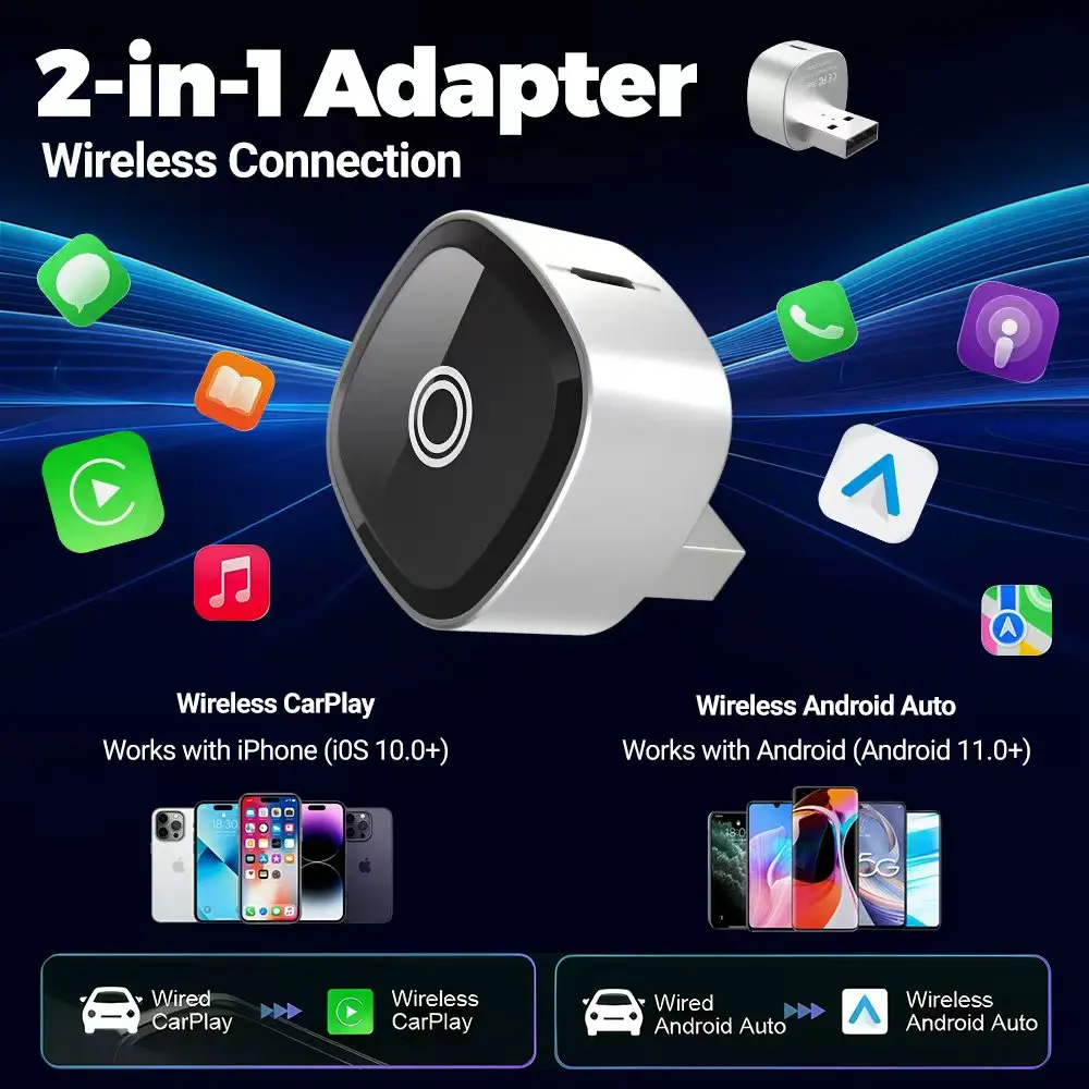 

Универсальный беспроводной адаптер CarPlay 2026 для iPhone iOS10+, адаптер Android Auto с проводного на беспроводной нулевой задержкой