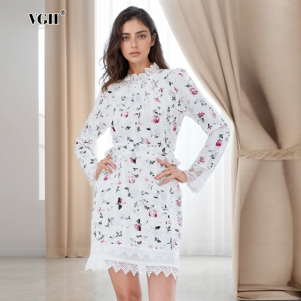 

VGH Hit Color Printing Dress For Women Stand Collar Long Sleeve High Waist Spliced Zipper Slimming Dresses Female Fashion