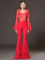 Sexy Red Lace Flared Pants Two Piece Set Women V Neck Long Sleeve Tops + Lace Patchwork Flared Suits Party Cocktail Club Sets