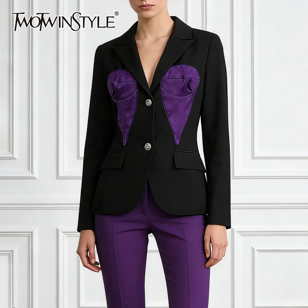 

TWOTWINSTYLE Black Spliced Pocket Luxury Jacket Female Lapel Long Sleeve Slimming Office Lady Women's Jackets Autumn Fashion New