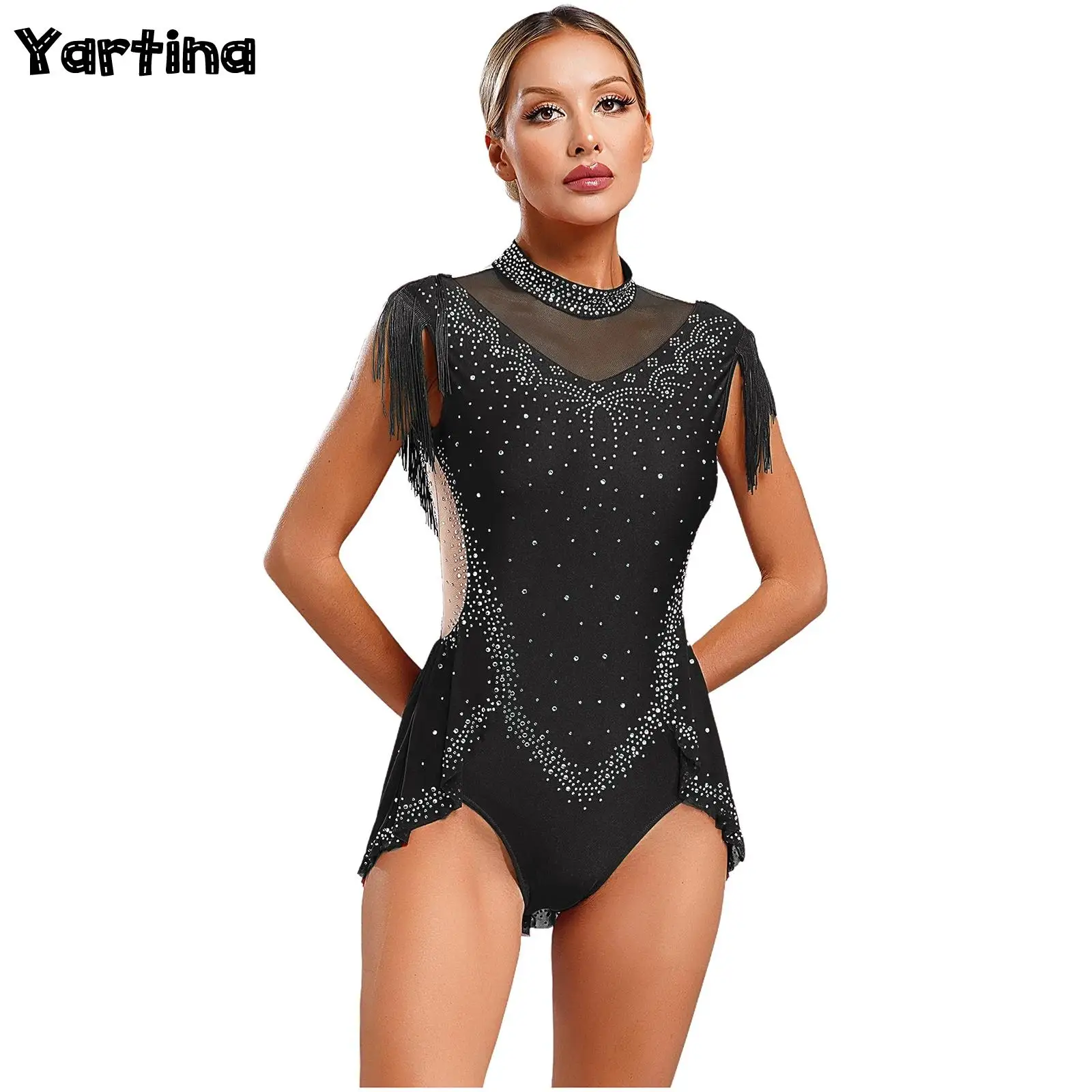 

Womens Shiny Rhinestone Gymnastics Swimsuit Figure Ice Skating Costume Sheer Mesh Tassel Ballet Lyrical Dance Leotards Outfits