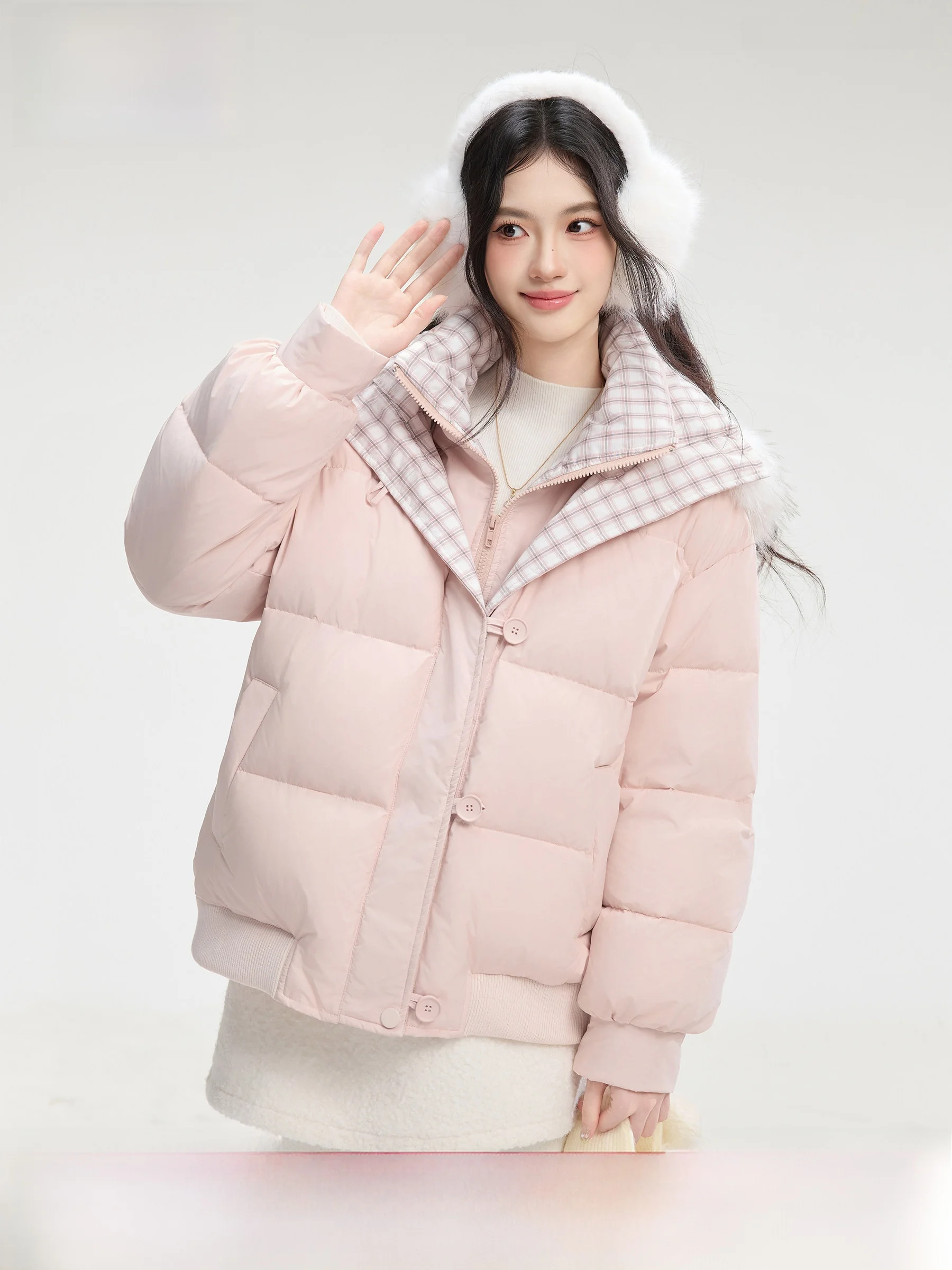 

Lingjiu 's Pink id Warm Cotton Jaet 5838 Casual Loose Fit with Button Detail Fur Collar And kets for Young Women
