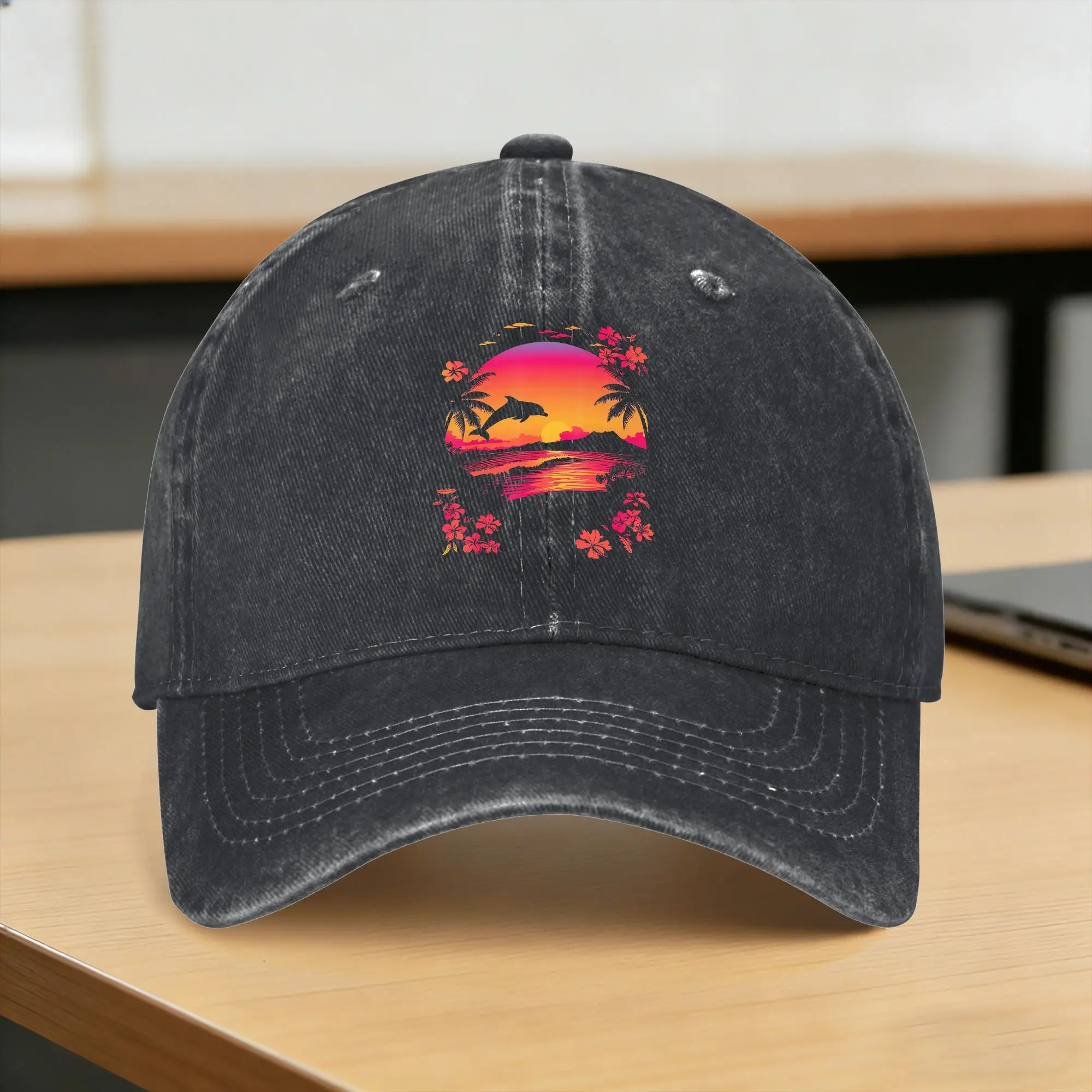 Tropical Sunset Dolphin Pink Beach Scene Casual Baseball Cap For Unisex-Teens Summer  Hiking Fishing Trucker Hat Baseball Caps