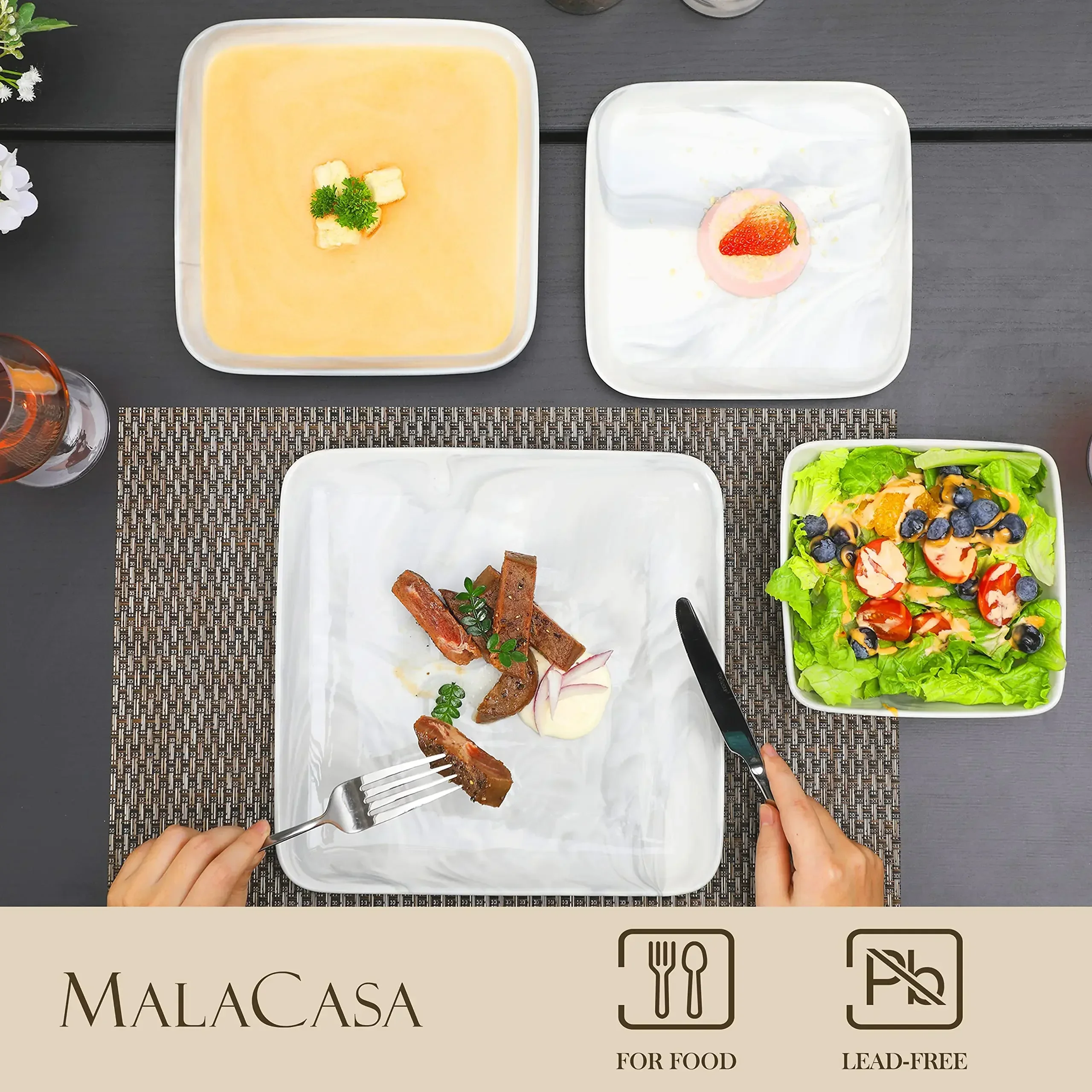 MALACASA Plates and Bowls Sets, 24-Piece Porcelain Dinnerware Sets for 6, Marble Grey Dish Set, Square Dinnerware Set with Dinne