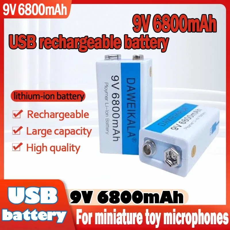 9V 6800mAh Rechargeable Li-ion Battery High Capacity Long Lasting with USB-C Charging Cable for Wireless Microphone Mini Toys