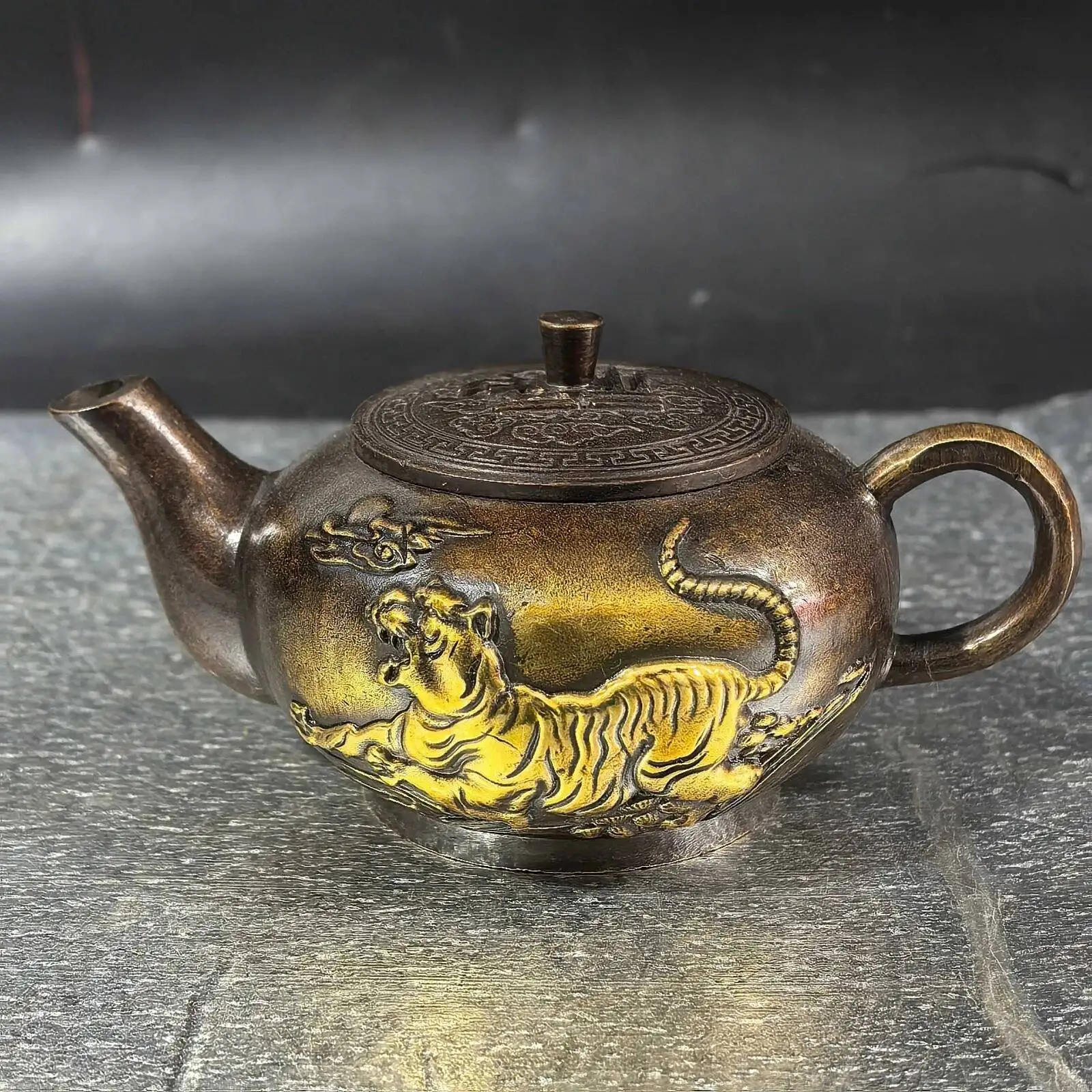 Collect Old Copper Gilt Made Relief Twelve Zodiac Animal Tiger Teapot Ornament