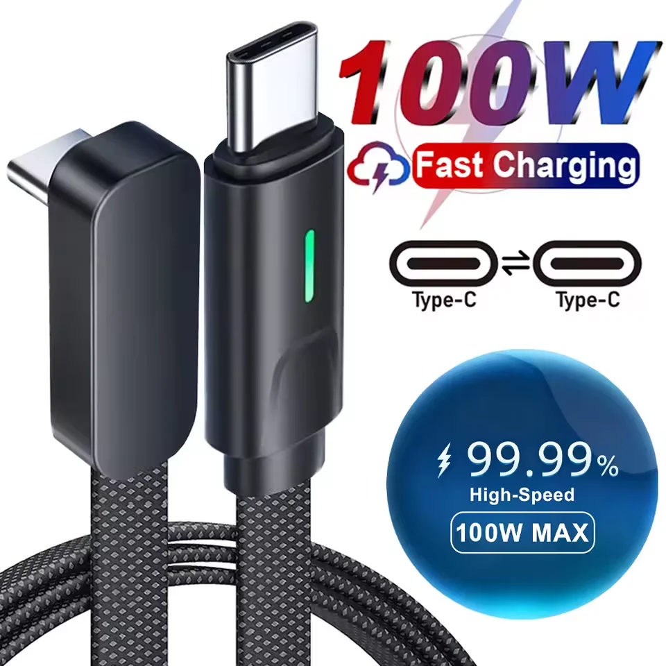 100W 타입 C to 타입 C 고속 충전 케이블 90도 L자형 듀얼 엘보 플랫 나일론 브레이디드 코드 (아이폰, 삼성, 샤오미, 화웨이용)