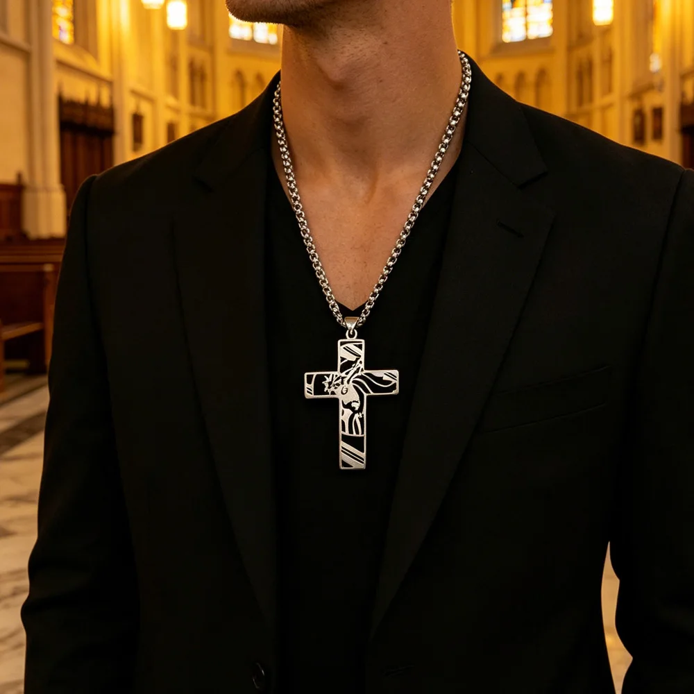 Christ God Cross Jesus Crown of Thorns Chain Necklace Men Stainless Steel Crucifix Necklace Jewelry Colar Masculino