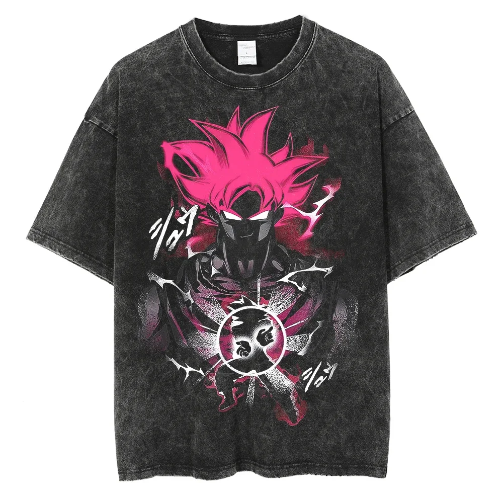 Harajuku Streetwear Washed T-Shirt Dragon Ball Anime Print T Shirt Summer Cotton Casual Tshirt Summer Short Sleeve Vintage Tees