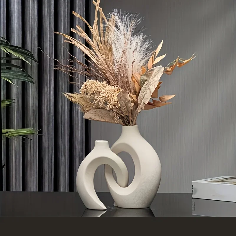 Hohle nordische moderne Keramikvase im 2er-Set für moderne Heimdekoration, hohle Blumenvasen aus Kunststoffimitat aus Keramik für das Wohnzimmer