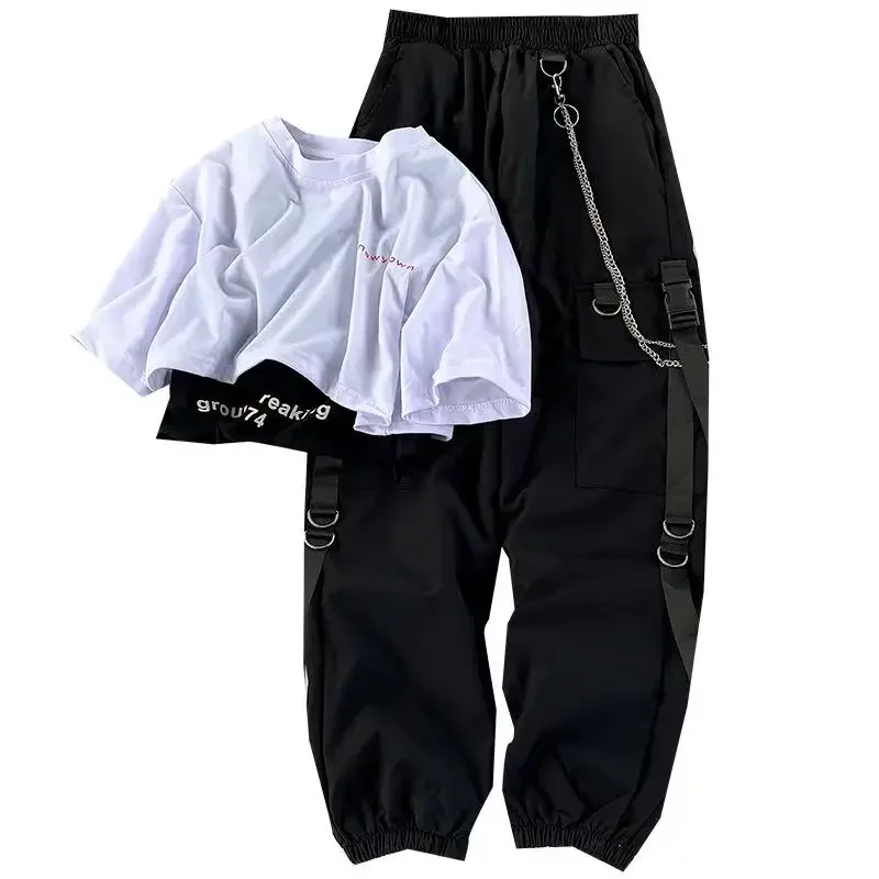 New Women Streetwear Harajuku Cargo Pants 2 Piece Sets with Chain, Trend Cropped Cropped T-shirt Suit and Ribbon Chain Pants