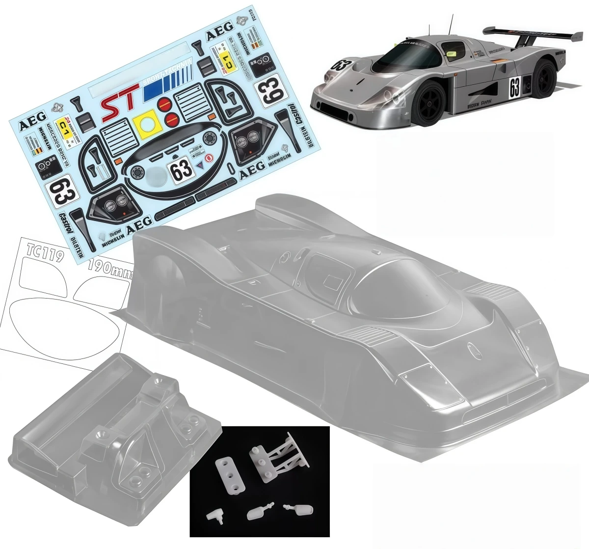 TC119 1/10 Sauber C9 Clear PC Body Shell 190mm Width with Rear Wing & Decals for On-Road RC Touring Car