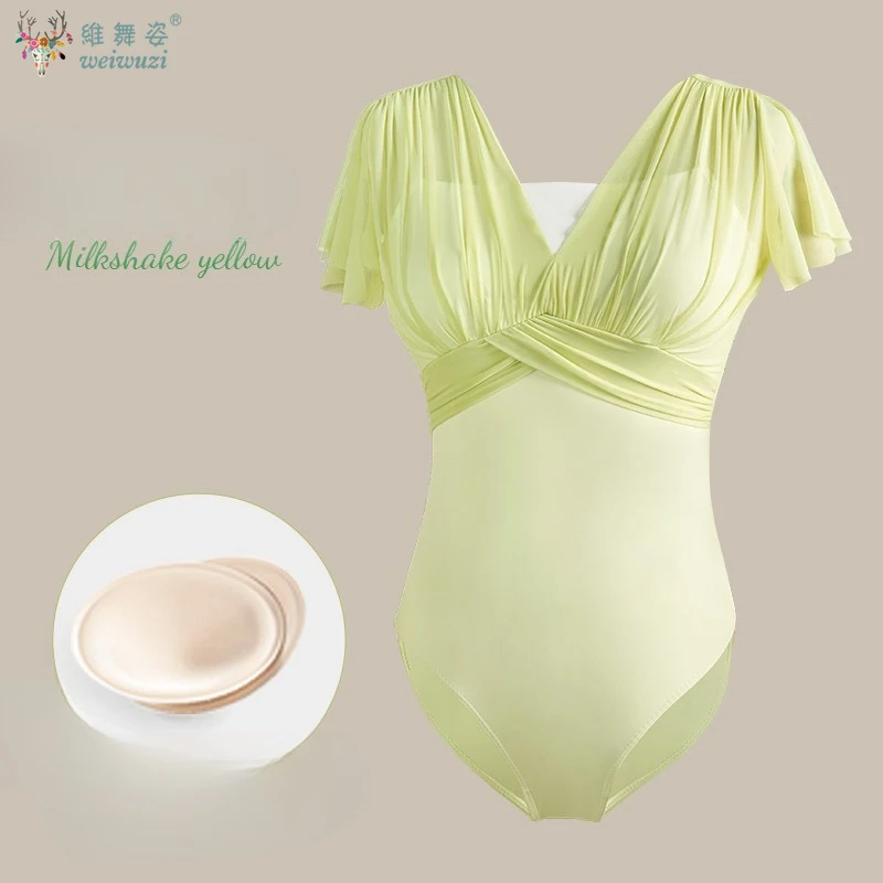 Justaucorps de Ballet pour femmes justaucorps de danse en Nylon épissé à manches courtes plis body de Ballet adulte faux justaucorps de gymnastique deux pièces