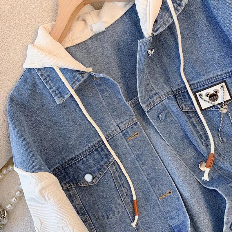 New Women Fake Two Hooded Denim Coats Spring Autumn Casual Baseball Clothes Fashion Female Students Loose Motorcycle Jacket Tide