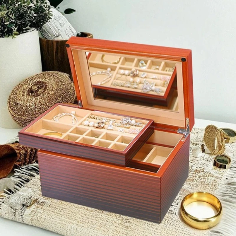 

Деревянная шкатулка для украшений с зеркалом, большая вместимость, с разделителями, органайзер для хранения часов, колец, браслетов