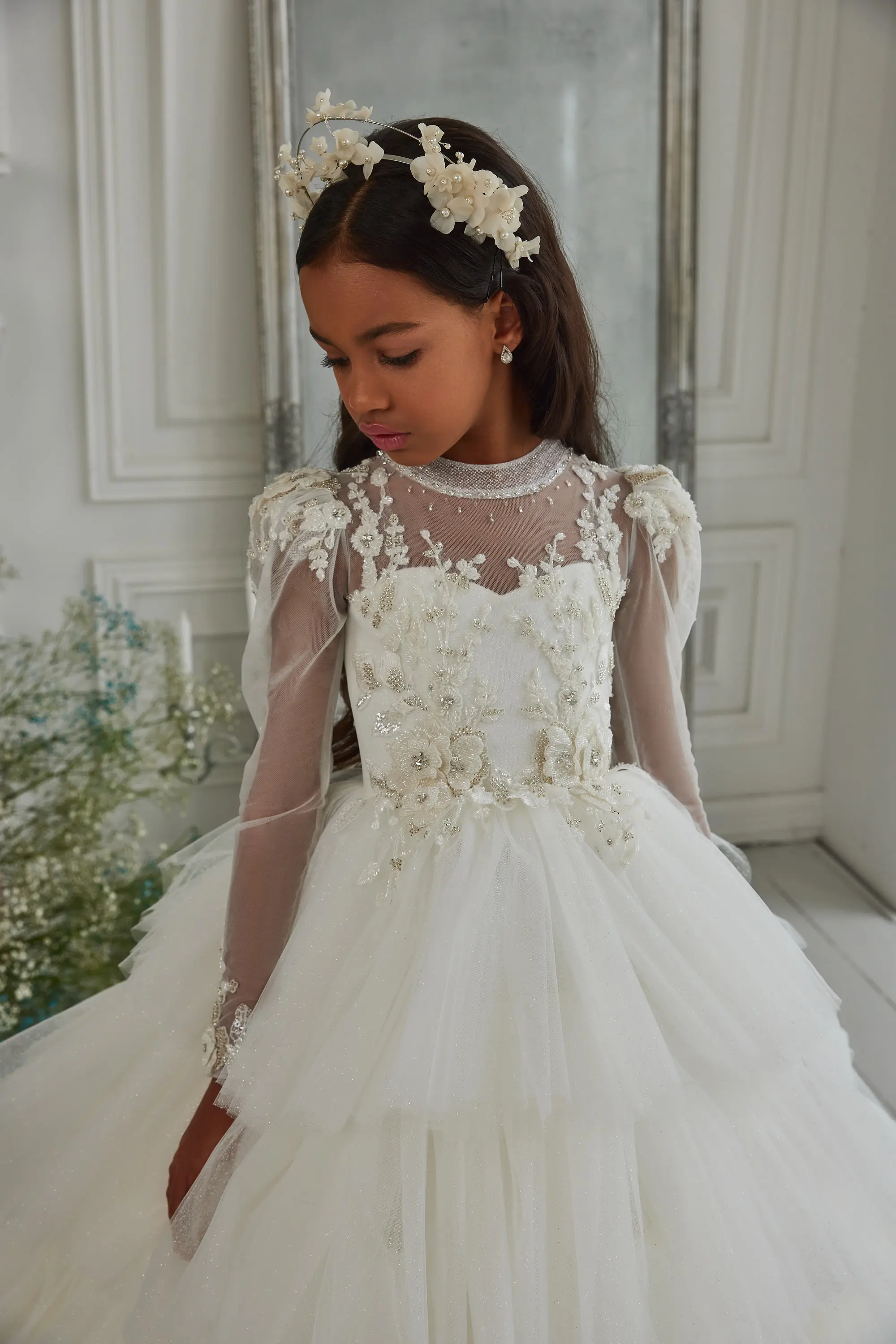 Shining Tulle Lace Flower Girls Dress Fluffy Floral Layered First Communion Ivory White Childrens Kids Princess Gown Custom Made