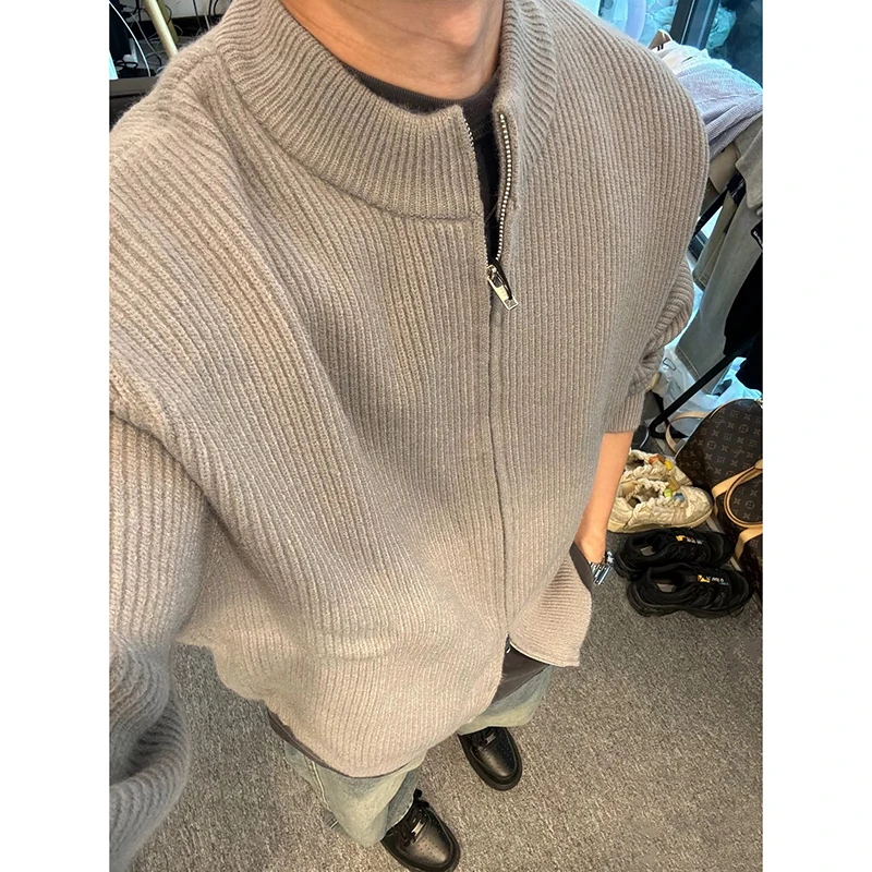 

Мужской осенний свободный вязаный кардиган с воротником-стойкой, повседневный, с длинными рукавами, однотонный, модный