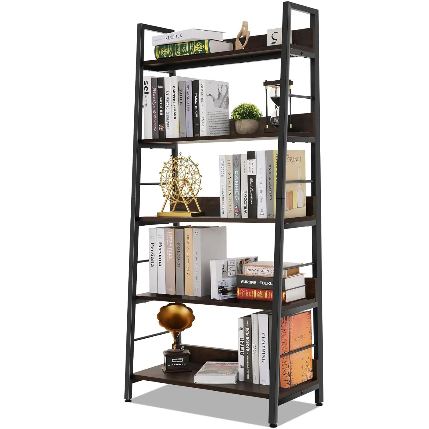 

Industrial Ladder Shelf, Rustic 5 Tier Leaning Bookshelf, Wood Metal Ladder Bookcase, Plant Flower Stand Rack Book, Customized