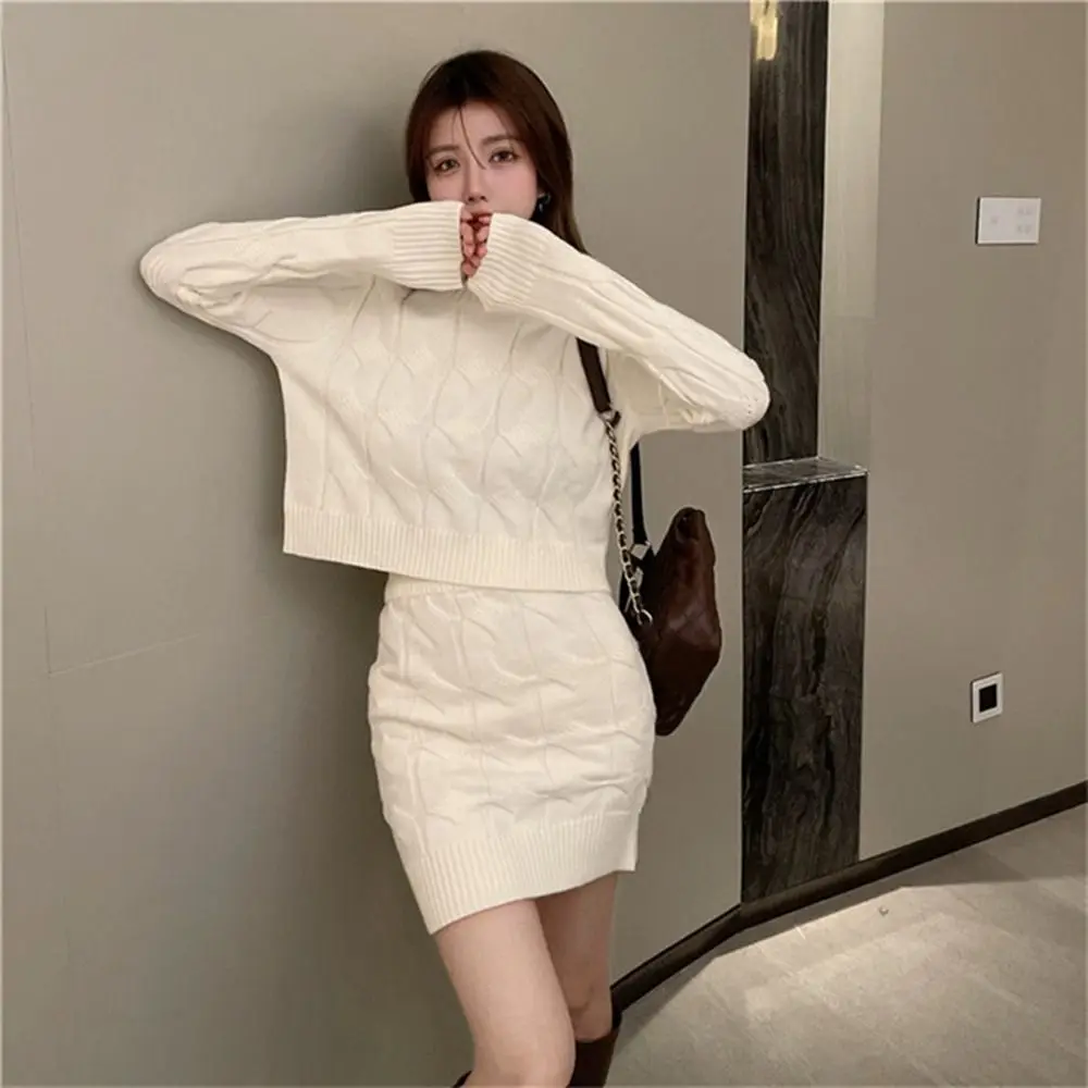 Solid Color Arm Wrap Skirt Sweater Lazy Style Long-sleeved Hip Skirt Knit Suits High Waist Slim Twist Knitted Sweater Suit Skirt