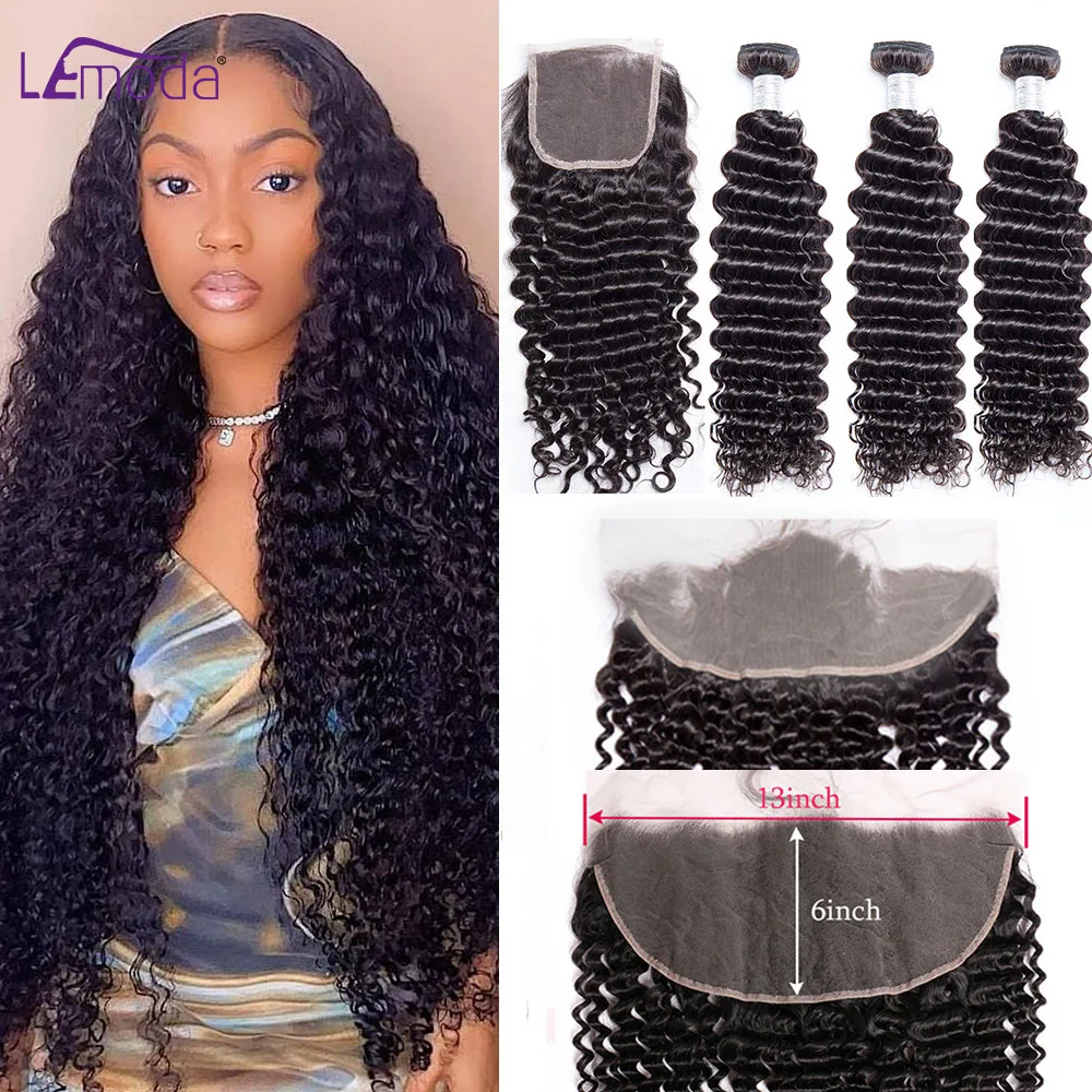 Curly Wave Human Hair Bundles With Closure HD Transparent Lace Frontal With Bundles Deep Wave Remy Hair Weave Extensions