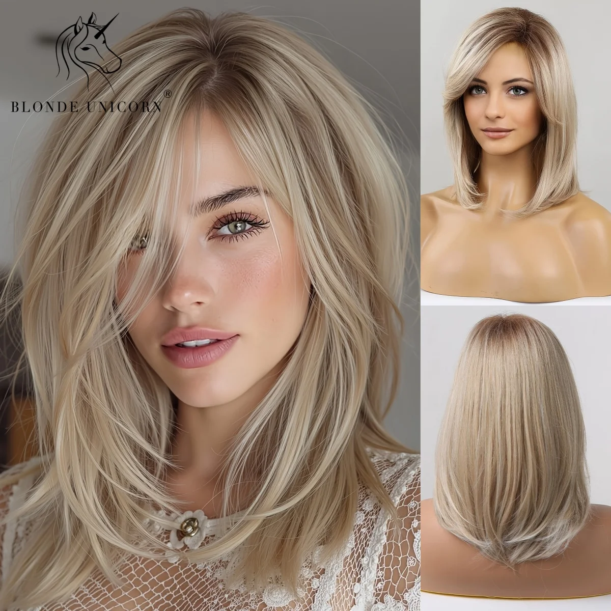 Blonde Ombre Straight Synthetic Wig Golden Brown Medium Length Wig with Bangs for Women Heat Resistant Smooth Hair for Daily