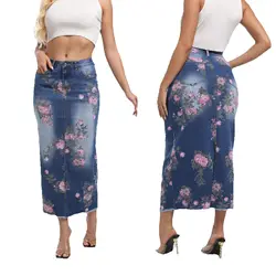 2025 Spring New Women's Rose Pattern Denim Skirt Fashion Stretch Jeans Straight Long Skirt Casual High Street Ladies Clothing