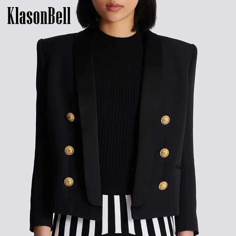 

7.31 KlasonBell Women Elegant Acetate Spliced Color Lapel Collar Short Blazer Double Breasted Gold Button All-matches Jacket