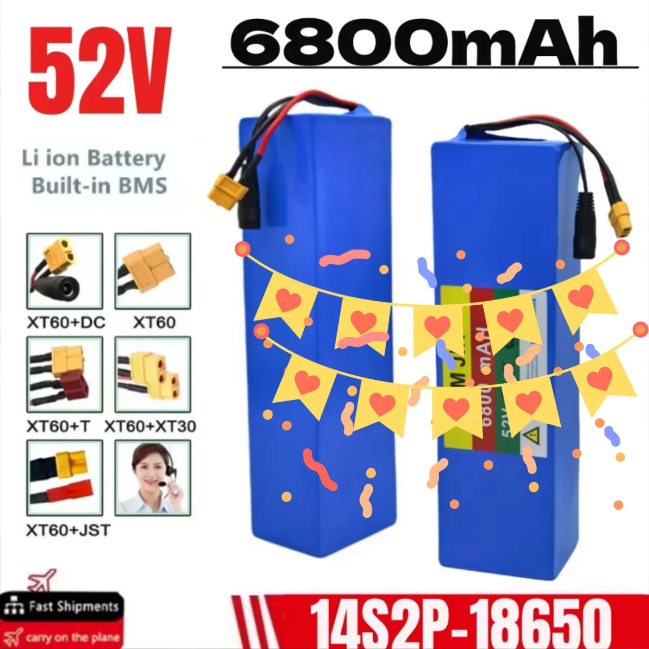 

14S2P 52V 6800mAh High Power Lithium Ion Battery Pack with BMS for Bicycle Scooter Motorcycle - 58.8V2A Charger Included