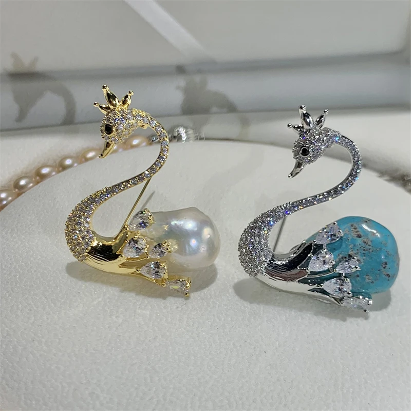 Fashion Jewelry High-class Baroque Freshwater Pearl Queen Crown Swan Brooch Pin for Women Elegant Design Lady's Wedding Corsage