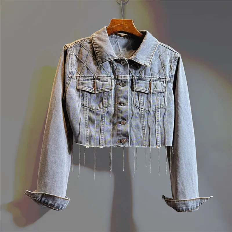 Spring New Women Korean Plaid Diamond Chain Tassels Slim Short Light Blue Denim Jacket Lapel Long Sleeve Frayed Hem Jeans Jacket