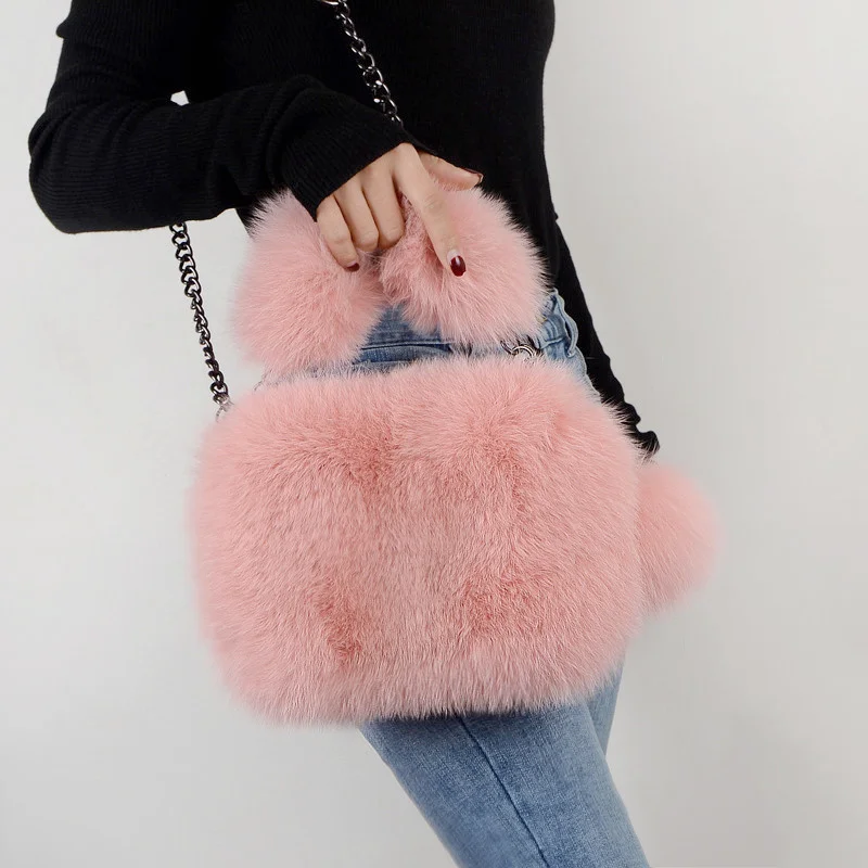 Luxury Real Fox Fur Women Messenger Bag 2022 Winter Ladies Warm Shoulder Bags Designer Fur Tote Bag Evening Party Clutch Bag