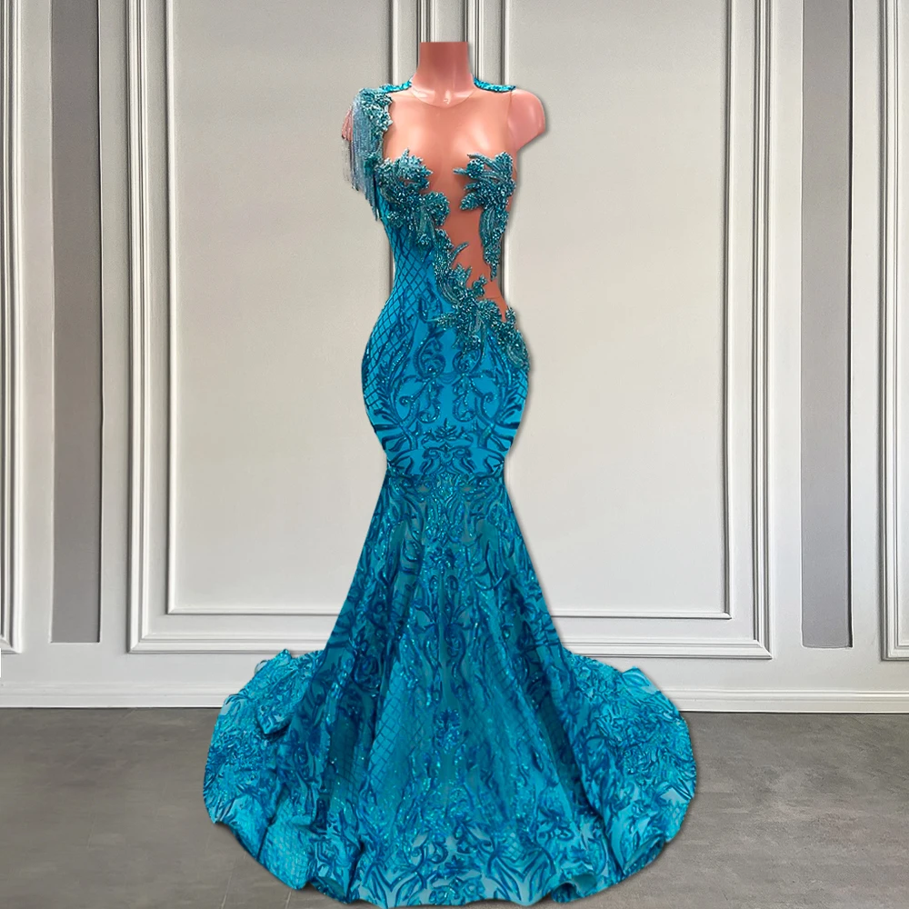 Vestido de fiesta azul pavo real de encaje brillante largo 2025 vestidos de fiesta ajustados de sirena negros con cuentas de lujo para niñas con borla personalizada