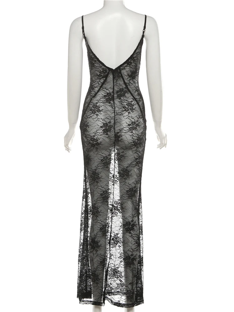 Whatiwear Sexy See Through Jurk Vrouw Lage Hals Jacquard Patchwork Backless Hot Meisjes Midnight Fashion Coquette Lange Bodycon