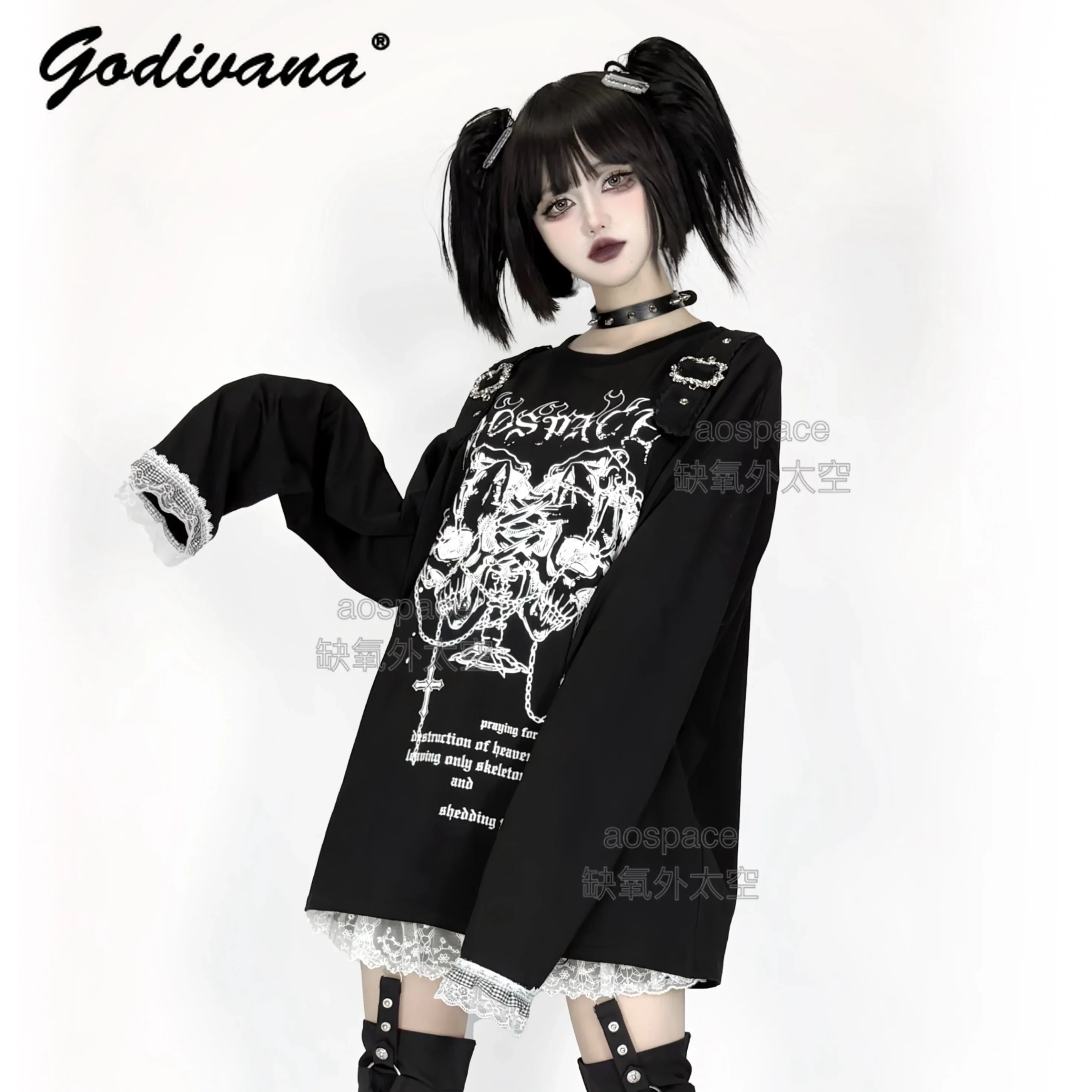 Original New Autumn Subculture Japanese Punk Double Skull Print Dark Long Sleeves T-shirt Y2K Girl Female Tee Cool Tops
