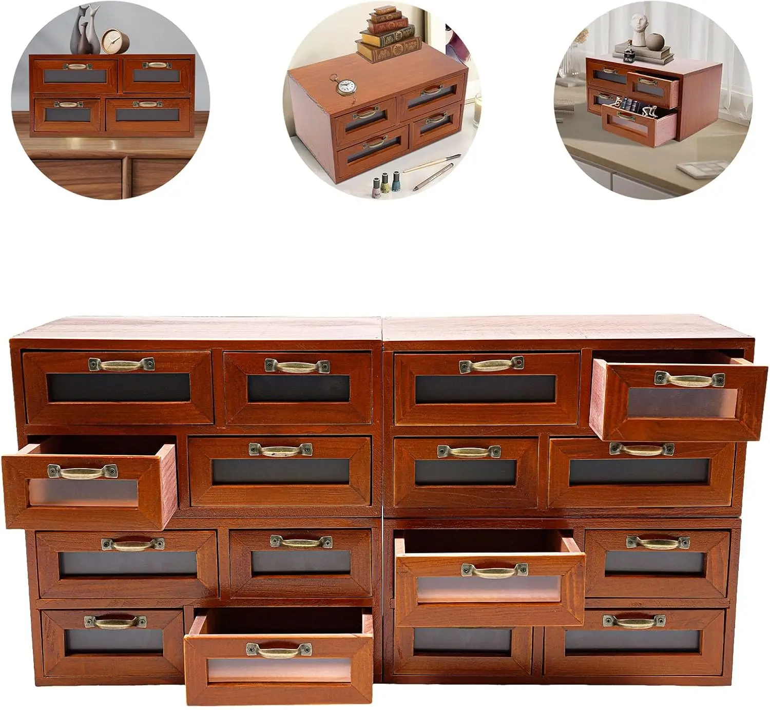 

16 Drawers Wooden Storage Box Stackable Desktop Multi Drawer Organizer with Handle&Clear Window for Home Office Desk Storage