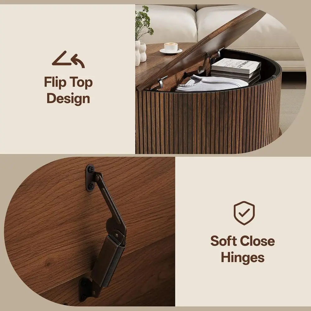 Coffee Table with Storage, Mid Century Modern Coffee Table, Fluted Dining Table with Sliding Door, Circle Coffee Table for Livin
