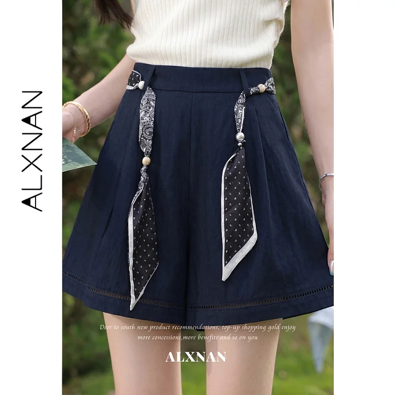 ALXNAN 2026 New Women's Navy Blue Shorts Waist Ribbon Bead Decor Hollow Out Hem Design Elegant Casual Female Clothing L67080A