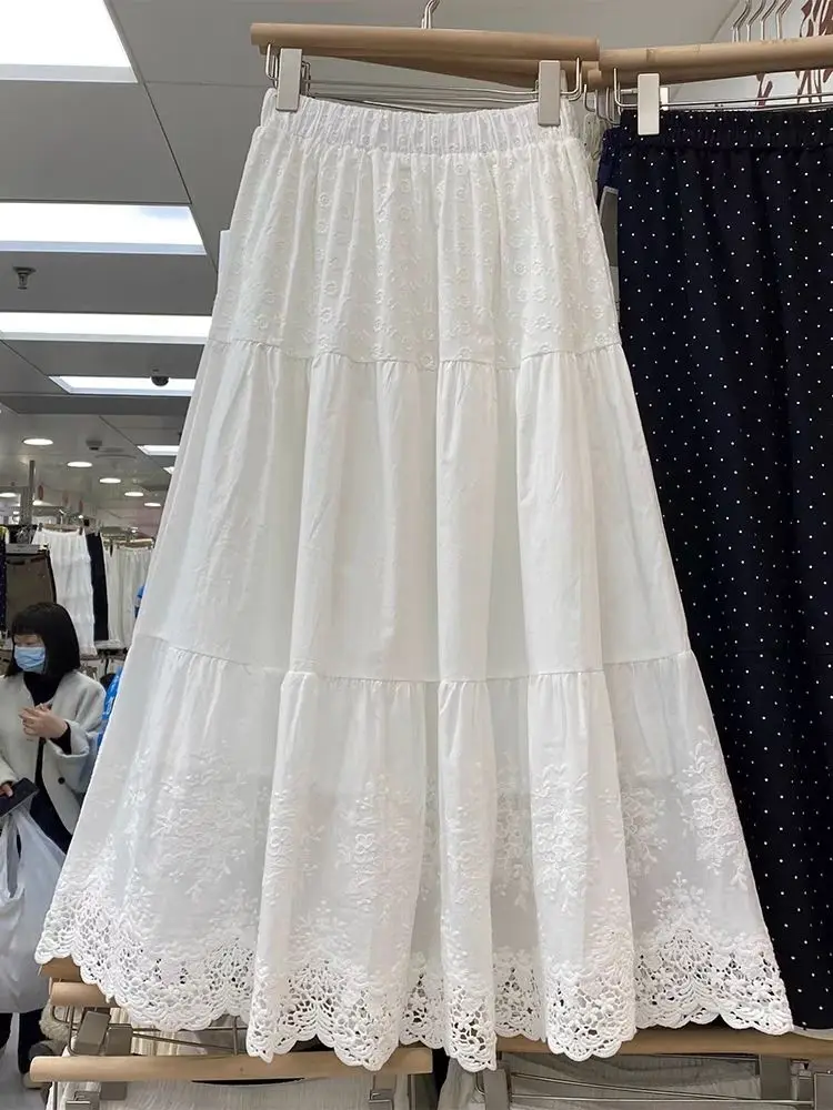 Embroidery Crochet Lace White Skirt Women's Summer New High-waisted Patchwork Tulle Midi Skirts Y2k Skirt Evening Dresses