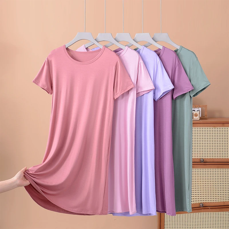 Modal Summer Sleep Dress Loose A-Line Midi Knee-Length Short-Sleeve Dress for Home And Outdoor Wear Sweet Style for Middle-Ag...