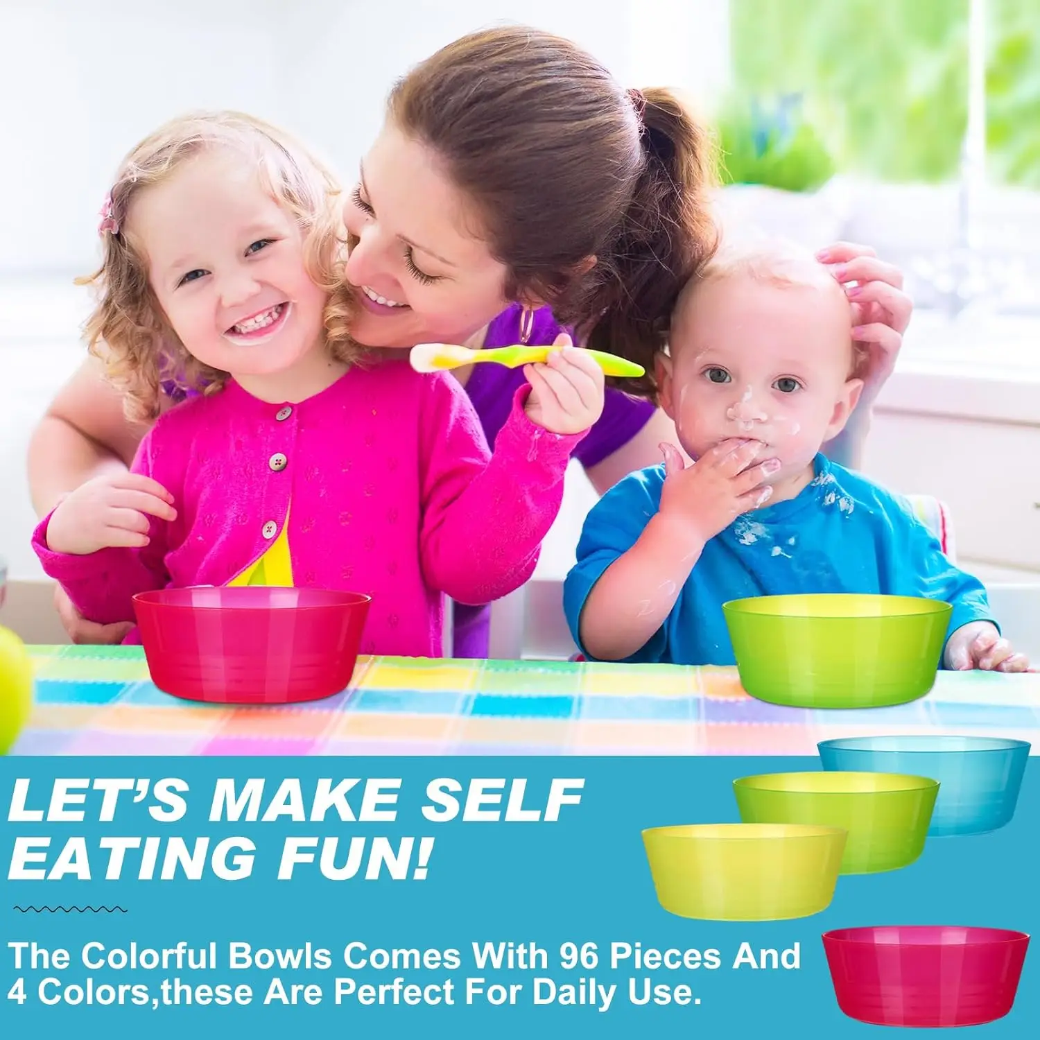 96 قطعة أطباق بلاستيكية للأطفال 14 أونصة أوعية حبوب صغيرة ملونة زاهية لغسالة الأطباق والميكروويف آمنة للأطفال الصغار أدوات مائدة للوجبات الخفيفة