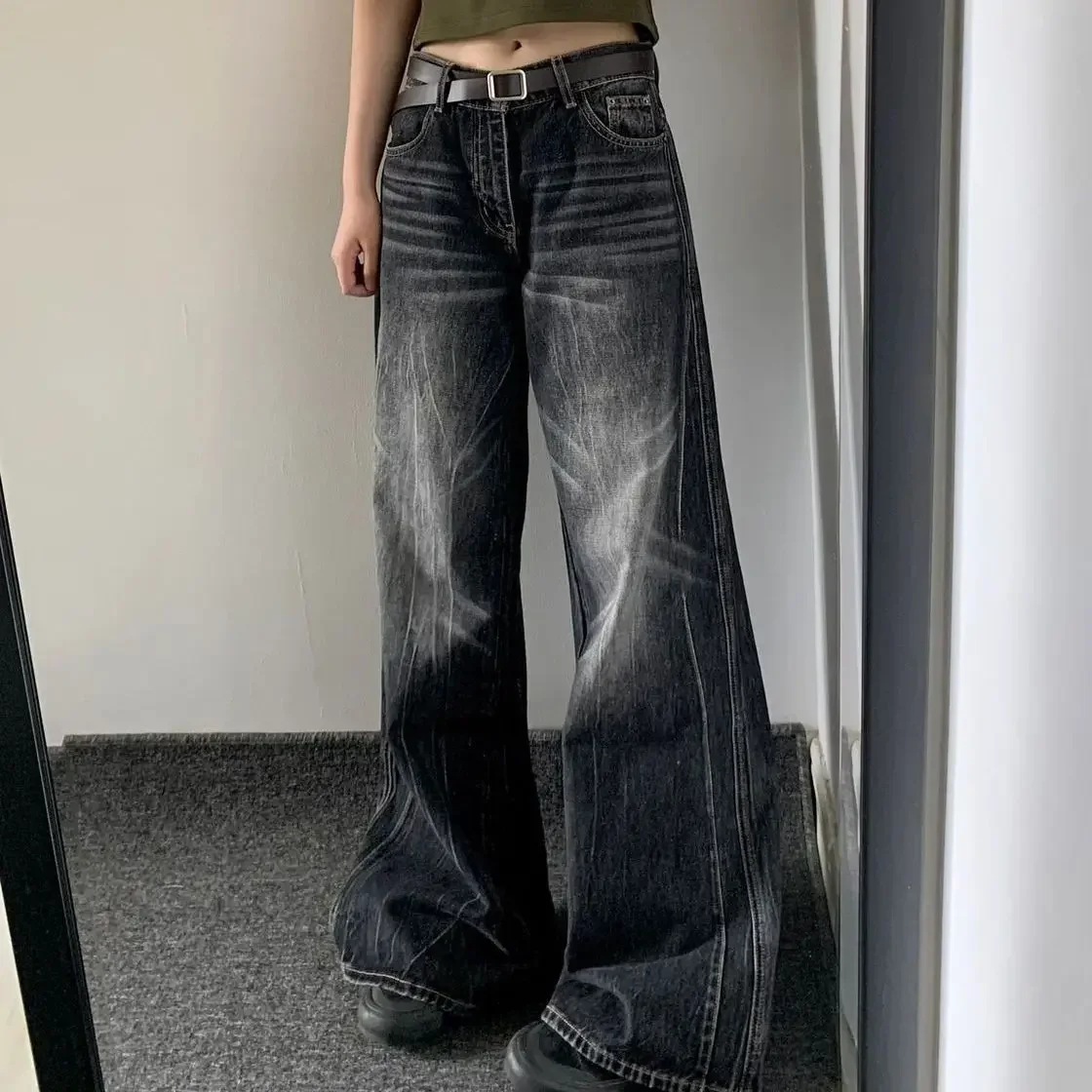 

High Waist Retro Washed Jeans Solid Color Fashion American Street Style Wide Leg Pants Loose Mopping Trousers for Men