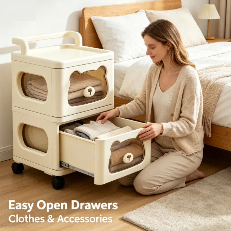 Rolling Storage Cart With Two Tier Bear Drawer Beige Plastic Organizer For Bedroom Living Room Kitchen Bathroom Home Office Use
